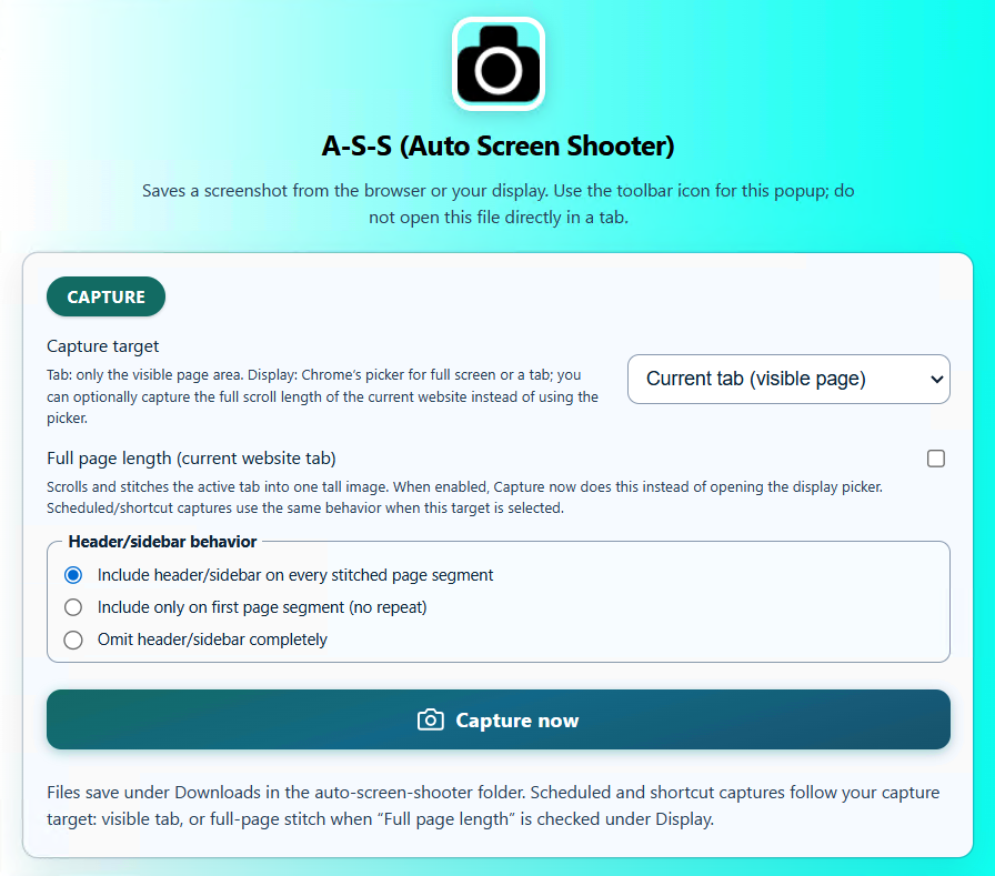 Auto Screen Shooter Chrome extension popup with capture controls