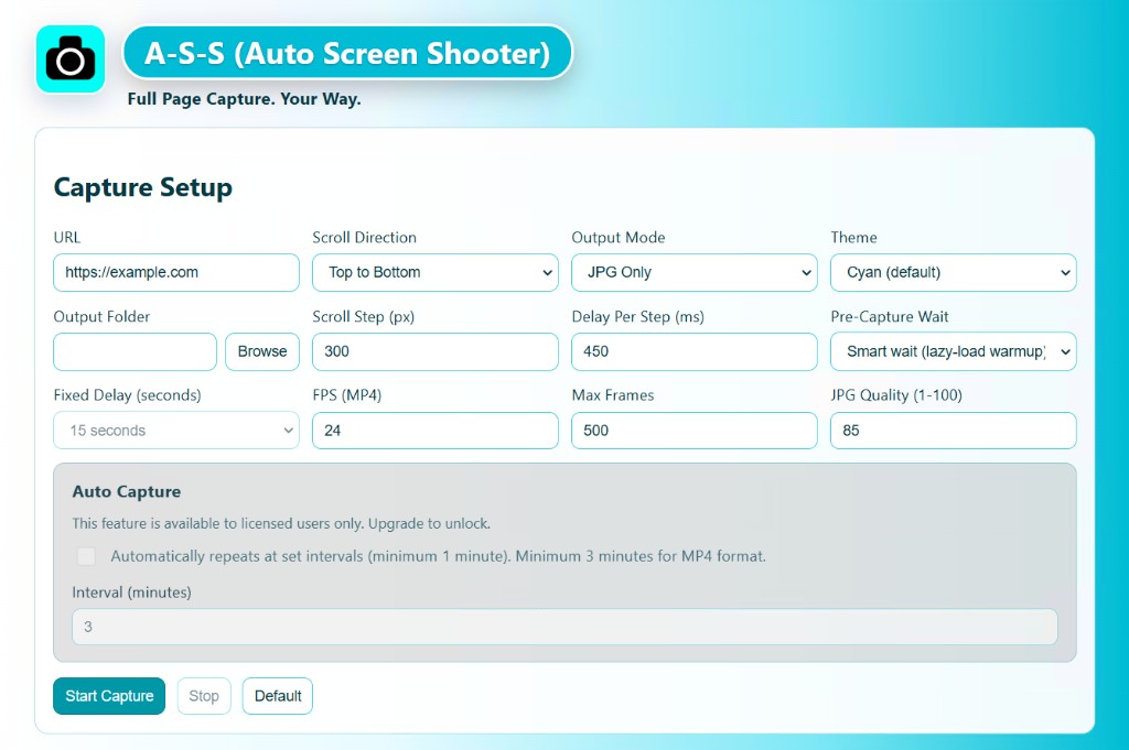 Auto Screen Shooter app interface showing URL capture controls
