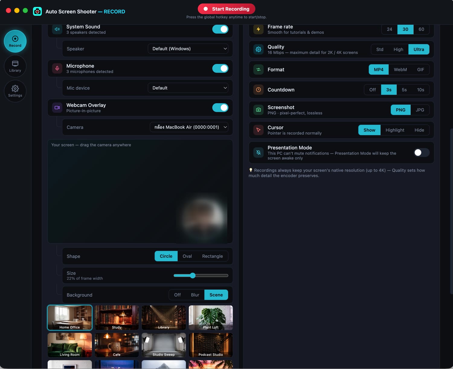 RECORD webcam overlay controls: shape, size, background and the scene picker