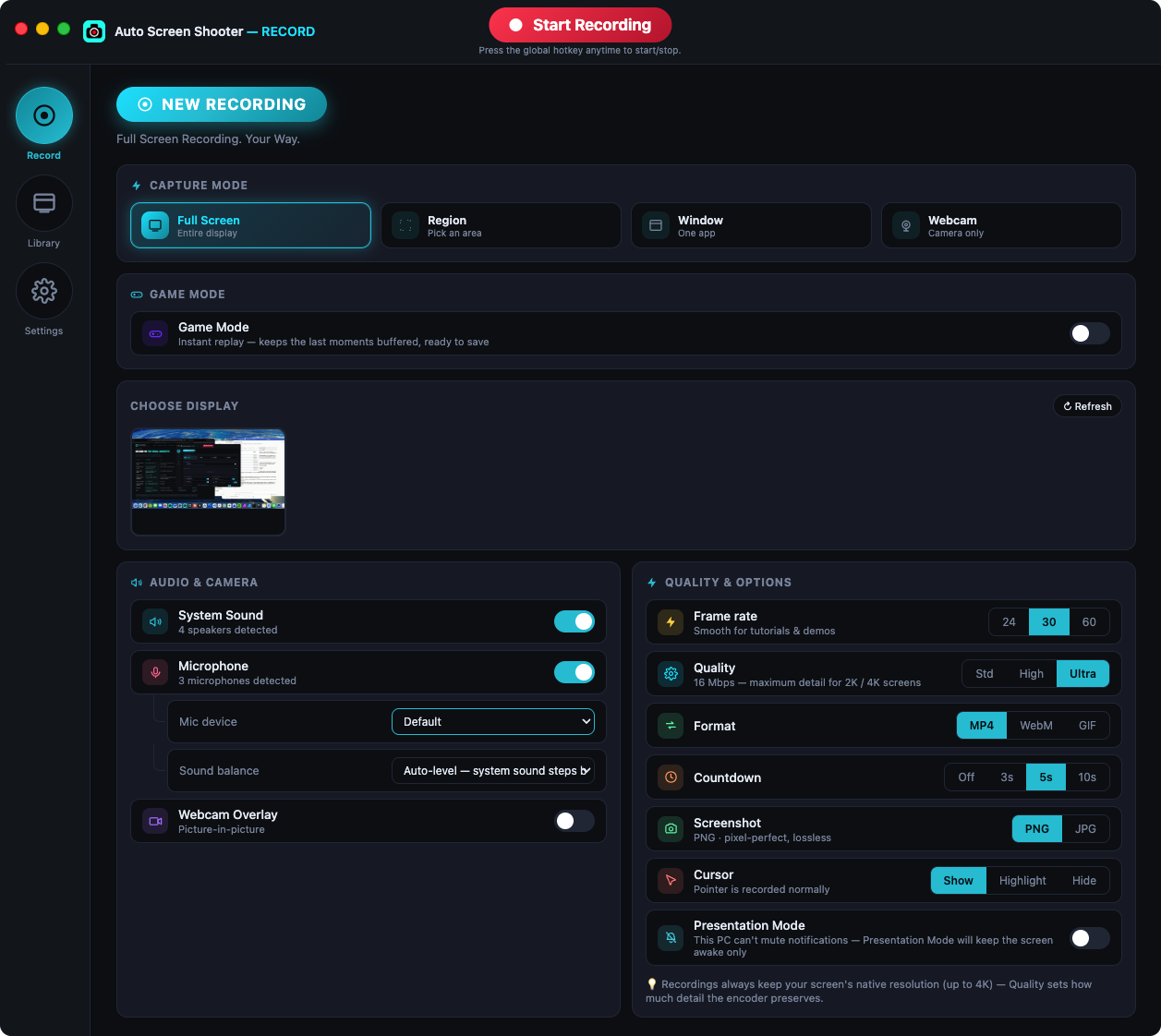 Auto Screen Shooter RECORD main window showing capture modes, Game Mode, display picker, audio with sound balance, and quality options