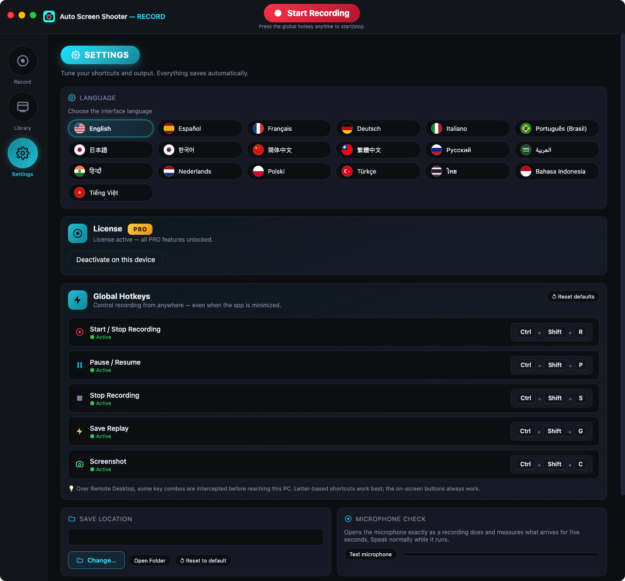 RECORD settings showing interface languages, global hotkeys, save location and the microphone check