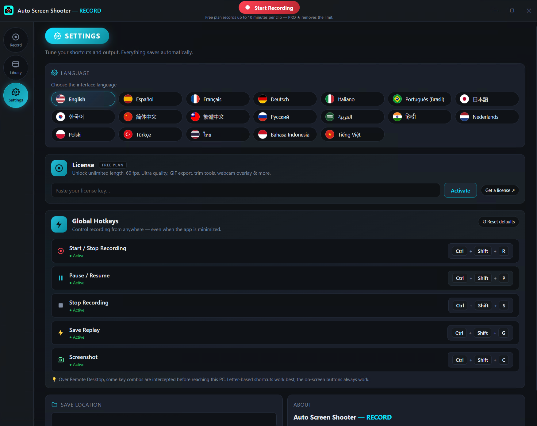 A·S·S RECORD settings: 19-language picker, license activation, and customizable global hotkeys